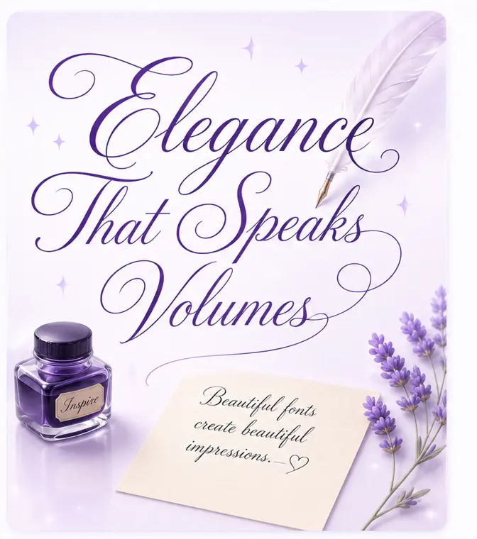 Elegant fancy cursive letters showcase with purple ink bottle, quill pen and handwritten script typography