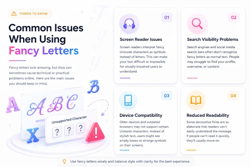 Common issues when using fancy letters — screen reader problems, search visibility, device compatibility and text readability infographic